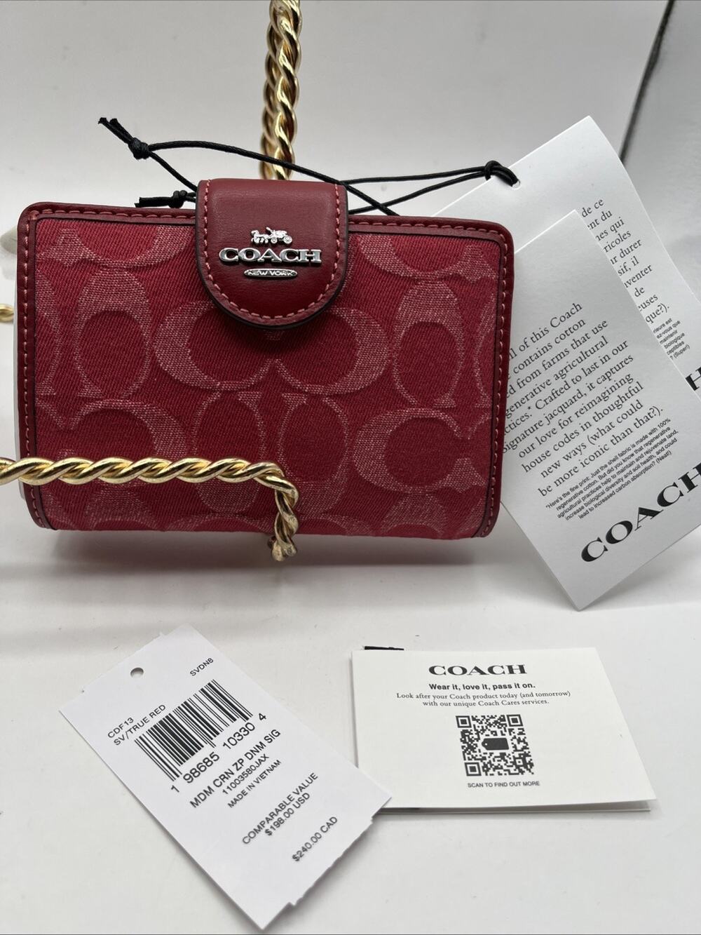 COACH CDF13 Corner Zip Wallet Signature Denim True Red NWT